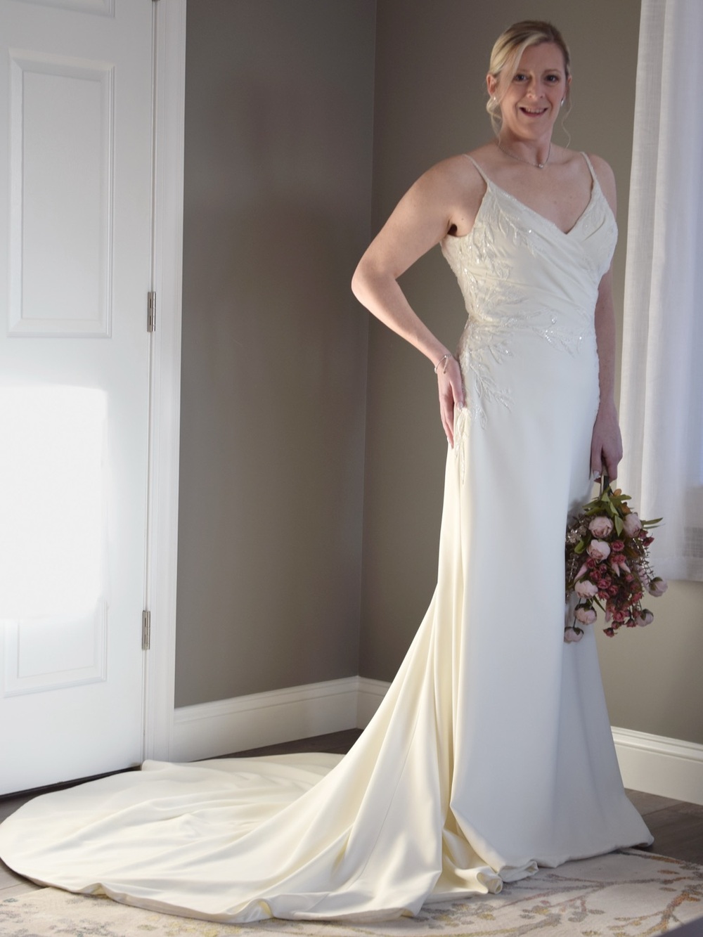 Moonlight Bridal Ivory Satin A-Line Wedding Dress with Beaded Bodice